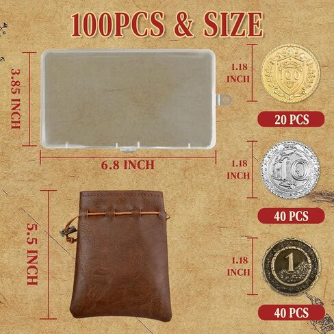 Byhoo 50 PCS Metal DND Coins, 1.2" Gold Silver Copper Tokens with Face Value for Board Game and Tabletop RPG, Fantasy Metal Coins for Pathfinder,Pirate Game Party Cosplay in Kuwait