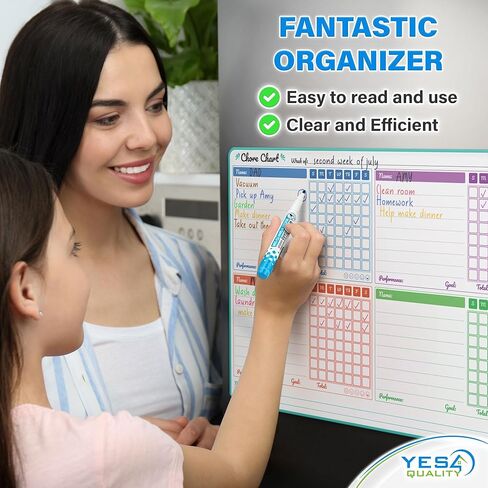 Yes4Quality Magnetic Dry Erase Chore Chart (19" x 13"), Behavior Chart for Multiple Kids, Family Weekly Chores Checklist w/Meal Planner, Stain Resistant Board for Fridge W/ 5 Colorful Markers in Kuwait
