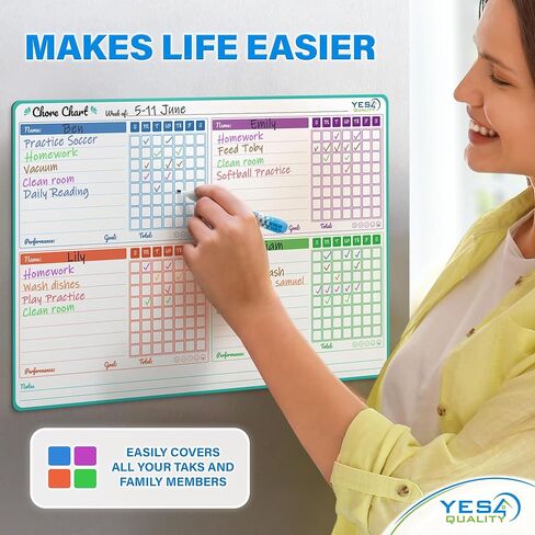 Yes4Quality Magnetic Dry Erase Chore Chart (19" x 13"), Behavior Chart for Multiple Kids, Family Weekly Chores Checklist w/Meal Planner, Stain Resistant Board for Fridge W/ 5 Colorful Markers in Kuwait