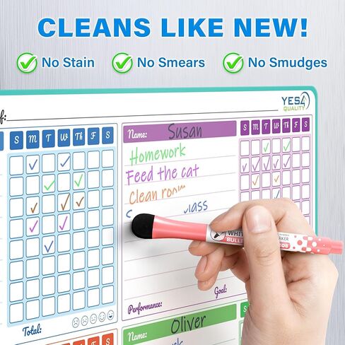 Yes4Quality Magnetic Dry Erase Chore Chart (19" x 13"), Behavior Chart for Multiple Kids, Family Weekly Chores Checklist w/Meal Planner, Stain Resistant Board for Fridge W/ 5 Colorful Markers in Kuwait