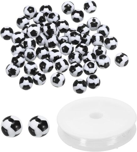 PATIKIL 12mm Acrylic Football Beads Bulk, 50 Pack Sports Ball Beads Round Sports Spacer Beads with 4.4 Yard Elastic Rope for DIY Crafts Bracelet Necklace Making, Black White in Saudi Arabia
