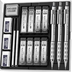3PCS Blocky Gear 0.7 mm Metal Mechanical Pencils Set with Case, Lead Drafting Pencil with 8 Tube (480PCS) Lead Refills(HB 2B), 4 Erasers, 18 Eraser Refills for Art Writing, Sketching Drawing