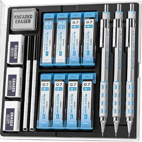 3PCS Blocky Gear 0.7 mm Metal Mechanical Pencils Set with Case, Lead Drafting Pencil with 8 Tube (480PCS) Lead Refills(HB 2B), 4 Erasers, 18 Eraser Refills for Art Writing, Sketching Drawing