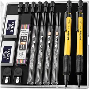2PCS 1.3 & 2.0 mm Mechanical Pencils Set with 48 Lead Refills (2B HB Colored), Eraser, Sharpeners - Weatherproof Metal Barrel, Heavy Duty Carpenter Pencil for Outdoor Marking Drafting Sketching
