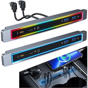 محور USB Tesla مع ضوء LED أزرق/تحكم صوتي بسبعة ألوان LED متوافقة مع محطة إرساء وحدة التحكم المركزية وأجهزة الاستشعار الذكية لـ Tesla 2021 2022 2023 (موديل 3/Y)