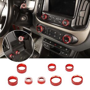 Compatible with Chevrolet Colorado/GMC Canyon 2014-2022, 8PCS Center Console Audio Volume AC Button & Turn Signal & Wiper Switch & 4WD Light Control Knob Ring Cover Trim (Red)