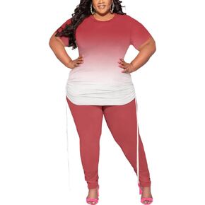 PINSV Women's Plus Size 2 Piece Outfits Sweatsuits Short Sleeve Jogger Sets Tracksuit