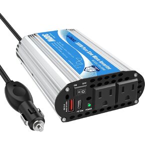 Pure Sine Wave Power Inverter 300Watt Car Adapter Converts 12V DC to 120V AC with Type-C PD30W and QC3.0 USB and 2 AC Outlets for Tablets Laptops Smartphones