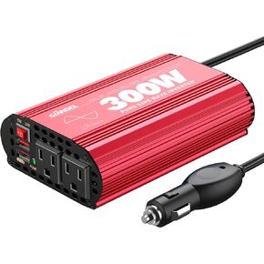 Pure Sine Wave Power Inverter 300Watt Car Adapter Converts 12V DC to 120V AC with Type-C PD30W and QC3.0 USB and 2 AC Outlets for Tablets Laptops Smartphones