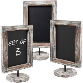MyGift Set of 3 Tabletop Chalkboard Sign with Burnt Wood Frame and Round Base, Decorative Wedding Table Place Card Signage, Rustic Small Kitchen Countertop Memo Board