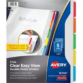 Avery Clear Easy View Durable Plastic Dividers for 3 Ring Binders, 5-Tab Set, Bright Multicolor, 1 Set (16740)