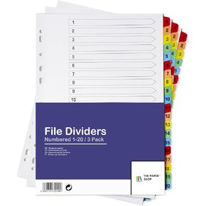 Binder Dividers with Tabs 1-20 Numbered – A4 (5 Pack) | Dividers for 3 Ring Binder | Numbered Tab Dividers for Office, School & Home Organization - The Paper Shop