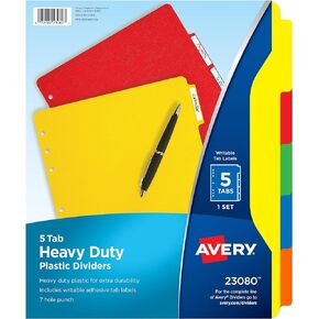 Avery Heavy-Duty Plastic Dividers for 3 Ring Binders and 7 Ring Binders, 5-Tab Set, Multicolor with White Labels, 1 Set (23080)