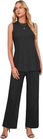 Newshows Womens Summer 2 Piece Outfits Ribbed Knit Tank Tops Wide Leg Pants Lounge Set Matching Tracksuit 2024 Spring Fashion in Saudi Arabia