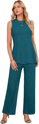 Newshows Womens Summer 2 Piece Outfits Ribbed Knit Tank Tops Wide Leg Pants Lounge Set Matching Tracksuit 2024 Spring Fashion in Saudi Arabia