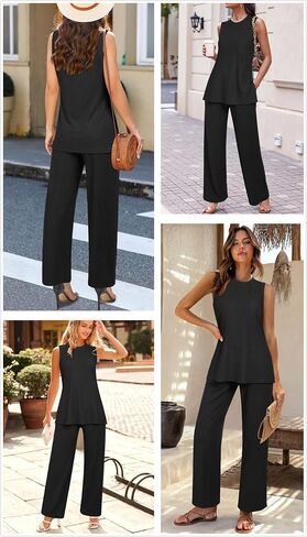 Newshows Womens Summer 2 Piece Outfits Ribbed Knit Tank Tops Wide Leg Pants Lounge Set Matching Tracksuit 2024 Spring Fashion in Saudi Arabia