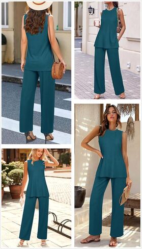 Newshows Womens Summer 2 Piece Outfits Ribbed Knit Tank Tops Wide Leg Pants Lounge Set Matching Tracksuit 2024 Spring Fashion in Saudi Arabia