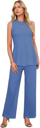 Newshows Womens Summer 2 Piece Outfits Ribbed Knit Tank Tops Wide Leg Pants Lounge Set Matching Tracksuit 2024 Spring Fashion in Saudi Arabia