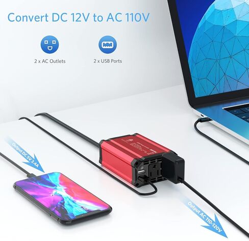 BESTEK 300W Car Power Inverter, DC 12V to 110V Car Inverter with 2 AC Outlets and 3.4A Dual USB Ports, Car Plug Adapter Outlet Converter Red in Saudi Arabia