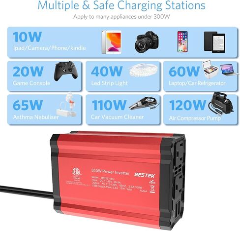 BESTEK 300W Car Power Inverter, DC 12V to 110V Car Inverter with 2 AC Outlets and 3.4A Dual USB Ports, Car Plug Adapter Outlet Converter Red in Saudi Arabia