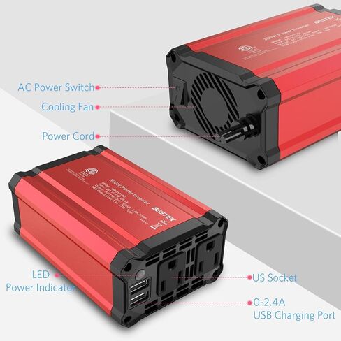 BESTEK 300W Car Power Inverter, DC 12V to 110V Car Inverter with 2 AC Outlets and 3.4A Dual USB Ports, Car Plug Adapter Outlet Converter Red in Saudi Arabia