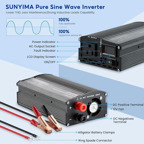 SUNYIMA Power Inverter, 500W Pure Sine Wave Inverter DC 12V to 110V AC Converter with Alligator Clip for Road Trip and Camping in Kuwait
