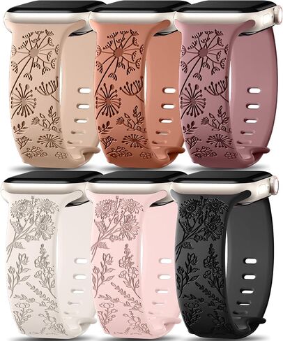 6 Pack Flower Engraved Bands Compatible for Apple Watch Band 40mm 41mm 38mm 42mm 44mm 45mm 49mm Women,Soft Silicone Cute Wildflowers Sport Laser Strap for iWatch Bands Series 9 Ultra SE 8 6 5 4 3 2 1 in Saudi Arabia