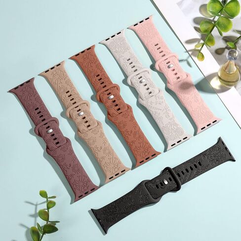6 Pack Flower Engraved Bands Compatible for Apple Watch Band 40mm 41mm 38mm 42mm 44mm 45mm 49mm Women,Soft Silicone Cute Wildflowers Sport Laser Strap for iWatch Bands Series 9 Ultra SE 8 6 5 4 3 2 1 in Saudi Arabia