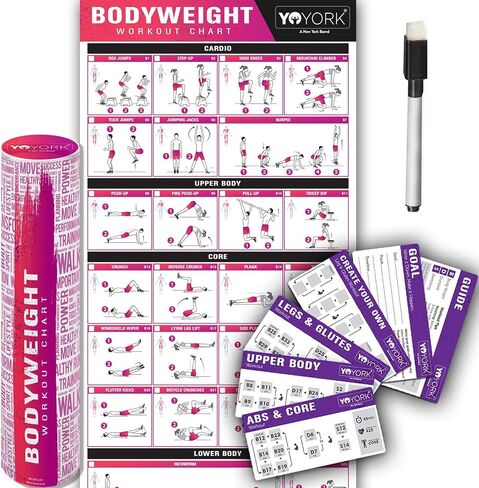 Workout Posters for Body-weight Training Exercise - Laminated Home Gym Workout Poster with 10 Workout Cards - 17" x 45" in Saudi Arabia
