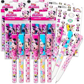 Disney Minnie Mouse Bulk Pen Set - Bundle with 24 Minnie Mouse Ballpoint Pens for Kids Adults Plus Stickers, More | Minnie Mouse Party Favors Kit