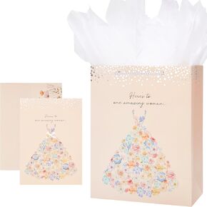 Crisky 13" Large Bridal Shower Bag with Bridal Shower Card Gift Bag with Tissue Paper, Gift Card(Here's to One Amazing Women) for Wedding, Bridal Shower, Engagement Party