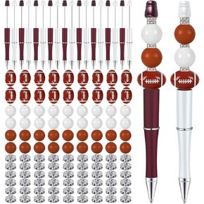 JarThenaAMCS 18 Set Sport Beads for DIY Pens Assorted Beadable Pen Brown White Ballpoint Pen with 36pcs Silicone Beads 18pcs Football Beads 54pcs Crystal Spacer Beads for DIY Crafts School Office Gift