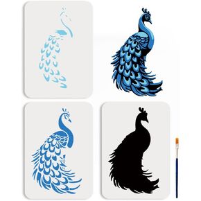 MAYJOYDIY 3Pcs Layered Peacock Stencils 11.7x8.3inchs Reusable Peacock Feather Template with Paint Brush Animal Drawing Templates for Painting on Wood Canvas Paper DIY Home Decor