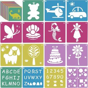 48 PCS Stencils for Kids, Komezen 8 Inches Large Chalk Stencils for Crafts Reusable, Geometric Letter Number Flower Themed Primary Shape Template for Kids Painting Drawing, DIY Projects