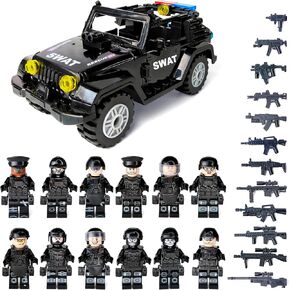 Toysvill SWAT Military Police Building Block Set for Kids | SUV + Soldiers Minifigures (12 PCS) with Weapons and Accessories Gift