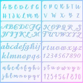 8 Pieces Calligraphy Letter Number Stencil Reusable Template Cursive Alphabet Cake Stencils with Metal Open Ring for Cake Airbrush Art and Craft Painting (7.8 x 3.9 Inch)