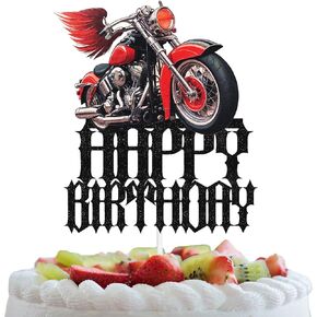 Motorcycle Cake Topper Motorbike Happy Birthday Black Glitter Theme Kids Party Decor Picks for Motorcycle Racing Baby Shower Decorations Supplies