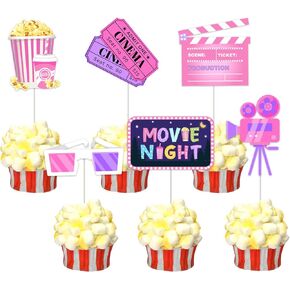 JOYMEMO 24 Pcs Movie Night Cupcake Toppers - Pink Girl Birthday Party Supplies, Double Sided Paper Cinema Cake Decorations, Backyard Popcorn Movie Theme Baby Shower Decor