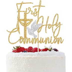 First Holy Communion Cake Topper, Baptism Cake Decorations, God Bless Decor, Wedding/Christening/Baby Shower 1st Birthday Party Decorations Gold Glitter