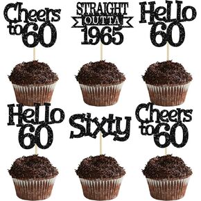 Ephlyn 24Pcs Happy 60th Birthday Cupcake Toppers Glitter Straight Outta 1965 Cupcake Picks Hello 60 Cheers to 60 Years Birthday Cake Decorations for 60th Birthday Anniversary Party Supplies Blue