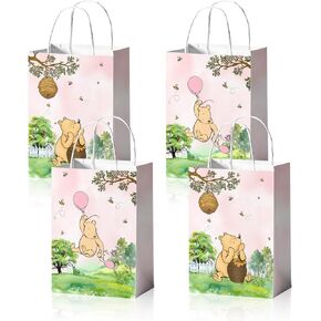 24 Pieces Classic Pooh Bear Goodie Bags for Baby Shower Party Supplies, Bear Gift Snacks Treat Candy Party Favors Bags with Handles for Classic Bear Theme Party Decorations