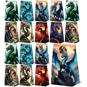 24 Pcs Dragon Goodie Bags with Stickers,Dragon Themed Birthday Party Favor Bags,Paper Dragon Goodie Bags for Dragon Theme Party Decoration Supplies