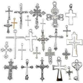 Christian Cross Charm Assorted Alloy Crucifix Pendant Connector for DIY Necklace Bracelet Jewelry Making Accessaries(25pcs,Antique Silver)