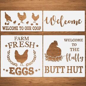 Hen Chicken Farmhouse Stencils, 4 Pcs Farm Eggs Hen Chicken Farmhouse Rustic Farmhouse Reusable Stencil for Painting on Wood Fabric Wall Furniture DIY Art Home Decor