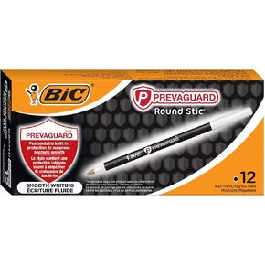 BIC PrevaGuard Round Stic Ballpoint Pen With Built-in Protection To Suppress Bacteria Growth, Medium Point (1.0 mm), Black, 12-Count