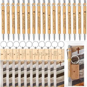 Spakon 40 Sets Christian Gifts Bulk Bible Verse Bamboo Pens Prayer Religious Bookmarks Inspirational Wood Scripture Keychains First Communion Biblical Gifts for Men Women Mother Church