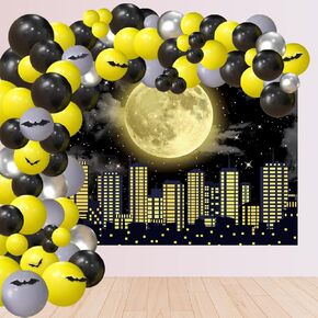 129pcs superhero Super City خلفية 5 × 3 قدم أسود أصفر وفضي البالونات القوس القوس القمر.