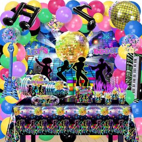 ديكورات الحفلات في السبعينات من القرن الماضي 280 أجهزة كمبيوتر ديسكو ديسكو ، دعنا نورز Backdrop Backdrop Disco Ploons Plates Fackins Cups Tableloth Disco Party Supplies