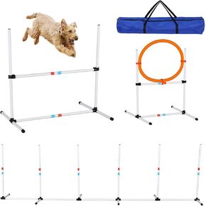 6 Piece Dog Agility Course Backyard Set, Dogs Agility Training Equipment, Dog Agility Equipment with Tunnel, Weave Poles, Adjustable High Hurdles, Agility Hoop, Pause Box