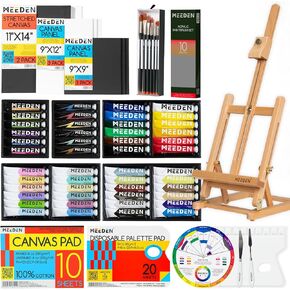 MEEDEN 72PCS Deluxe Acrylic Paint Set, Artist Painting Kit with Beech Wood Tabletop Easel, 48 Colors x 22ml Acrylic Painting Set, Canvas, Paint Brushes, Art Supplies for Adults, Kids, Beginners